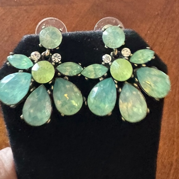 Milky Green, Blue Opalite,  Rhinestone Geometric, Iridescent Luxury Earrings - Picture 4 of 7